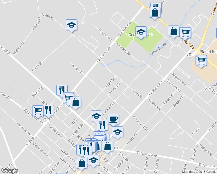 map of restaurants, bars, coffee shops, grocery stores, and more near 524 Pratt Street in Hammonton