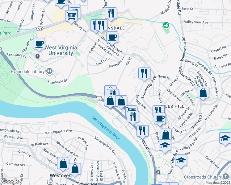 map of restaurants, bars, coffee shops, grocery stores, and more near 736 Grant Avenue in Morgantown