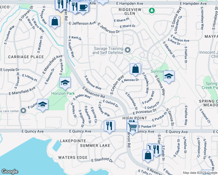 map of restaurants, bars, coffee shops, grocery stores, and more near 19000 East Napa Drive in Aurora