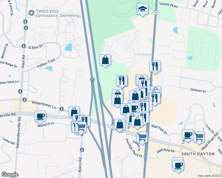 map of restaurants, bars, coffee shops, grocery stores, and more near 3800 Summit Glen Drive in Dayton