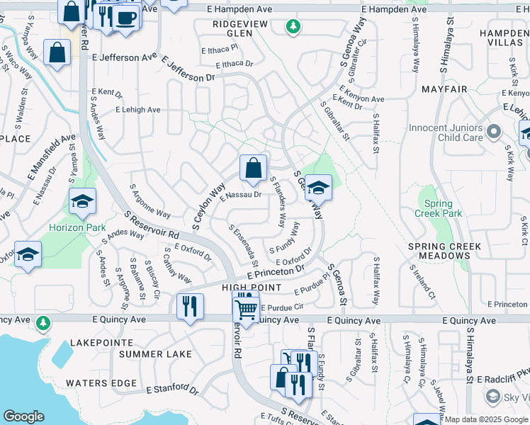 map of restaurants, bars, coffee shops, grocery stores, and more near 3997 South Espana Way in Aurora