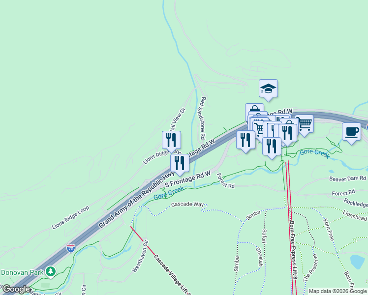 map of restaurants, bars, coffee shops, grocery stores, and more near 903 Red Sandstone Road in Vail