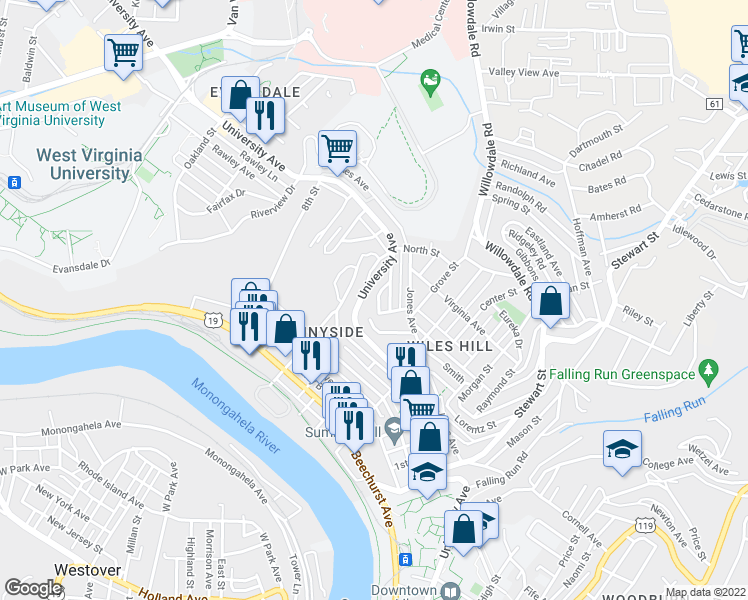map of restaurants, bars, coffee shops, grocery stores, and more near 413 Beaver Avenue in Morgantown
