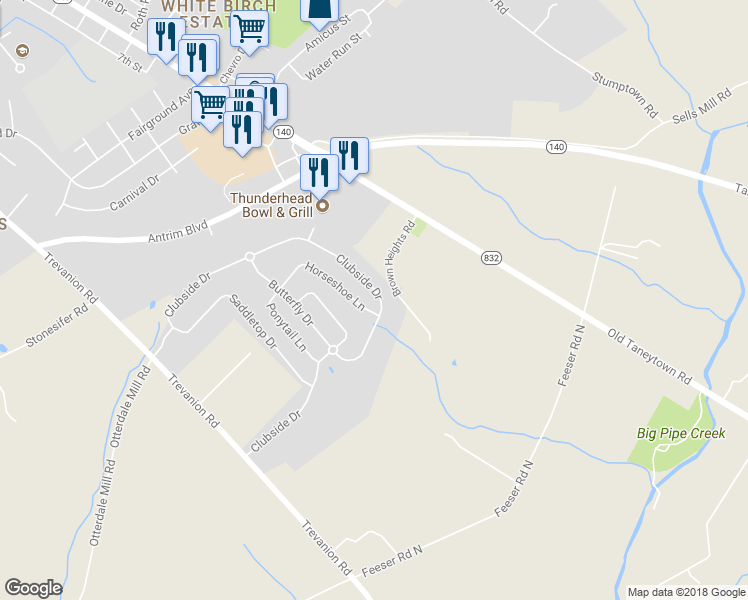 map of restaurants, bars, coffee shops, grocery stores, and more near 419 Clubside Drive in Taneytown