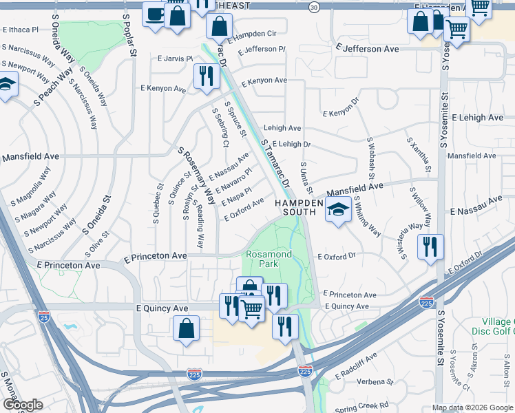 map of restaurants, bars, coffee shops, grocery stores, and more near 7740 East Oxford Avenue in Denver