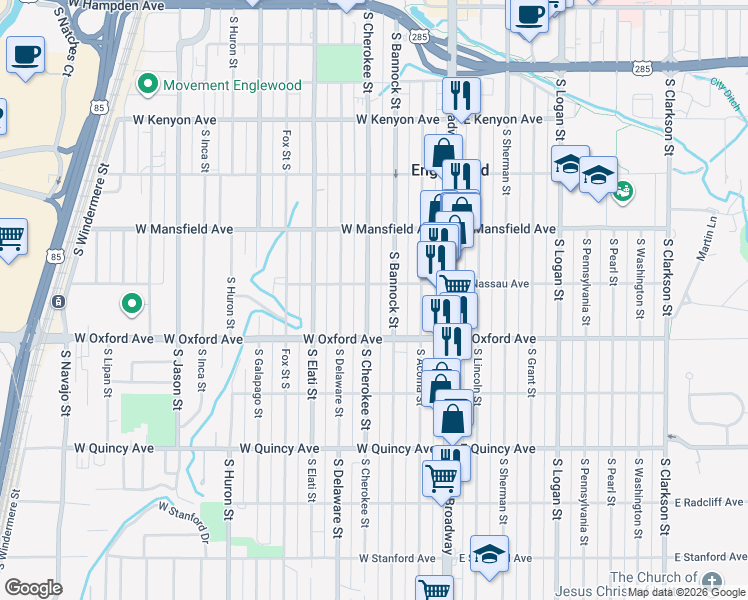 map of restaurants, bars, coffee shops, grocery stores, and more near 4026 South Cherokee Street in Englewood