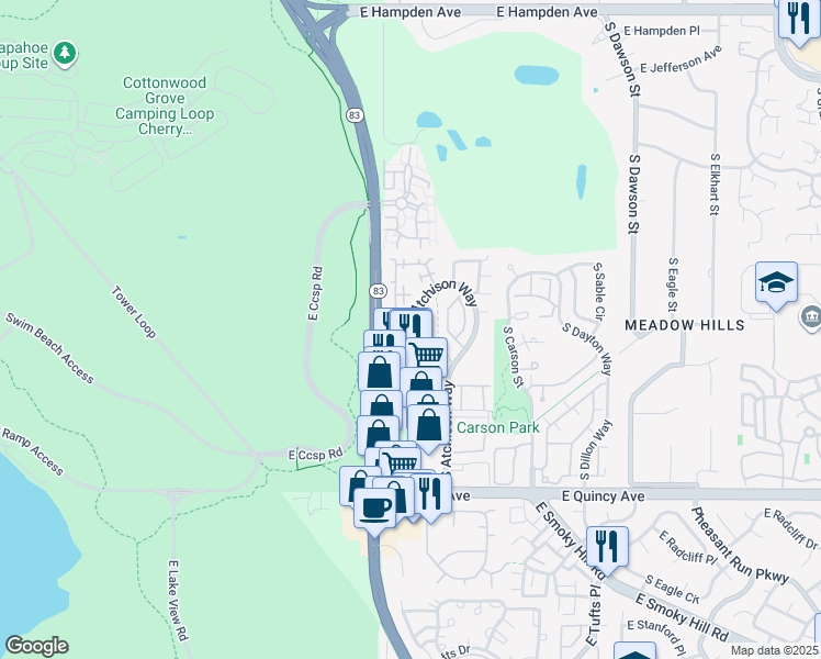 map of restaurants, bars, coffee shops, grocery stores, and more near 3861 South Atchison Way in Aurora