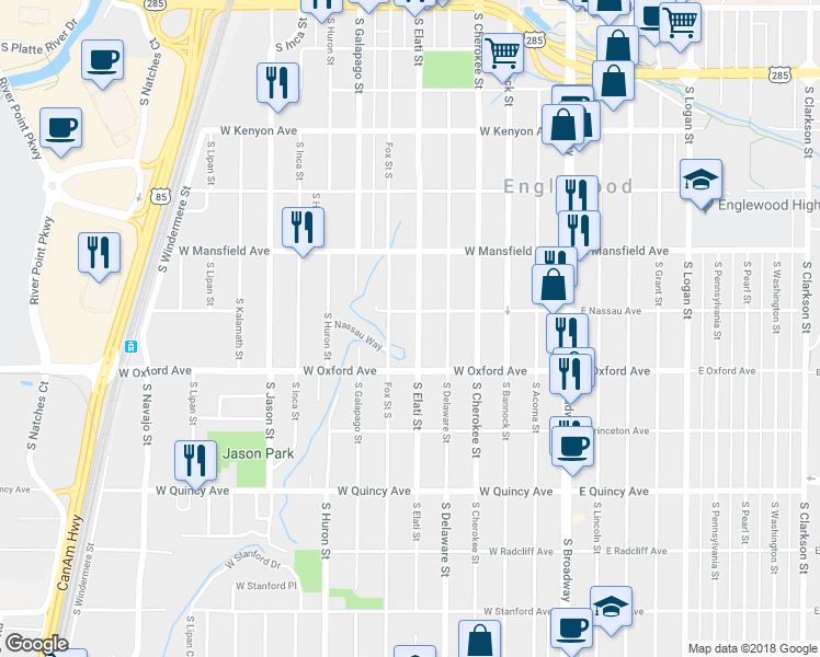 map of restaurants, bars, coffee shops, grocery stores, and more near 4025 South Elati Street in Englewood