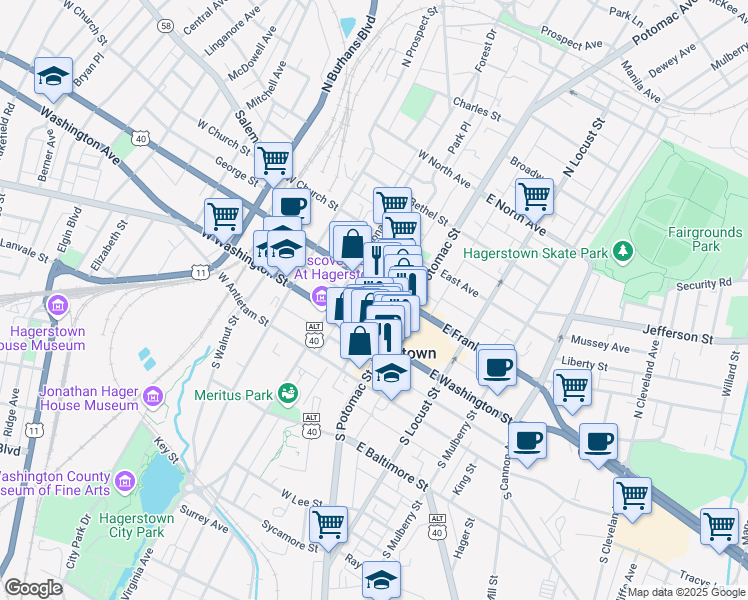 map of restaurants, bars, coffee shops, grocery stores, and more near 33 Wareham Alley in Hagerstown