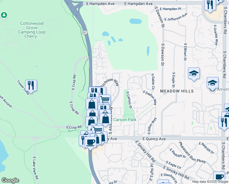 map of restaurants, bars, coffee shops, grocery stores, and more near 4057 South Abilene Circle in Aurora