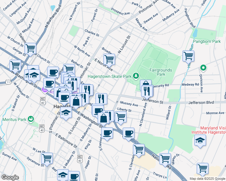map of restaurants, bars, coffee shops, grocery stores, and more near 232 North Mulberry Street in Hagerstown