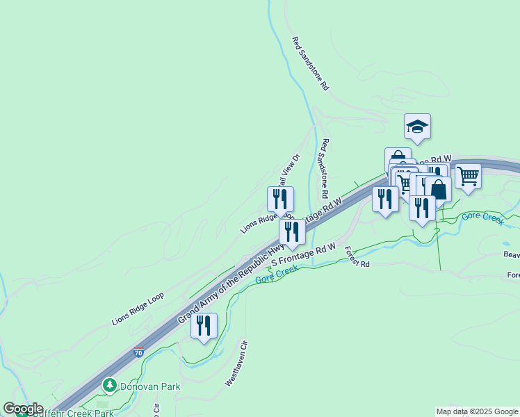 map of restaurants, bars, coffee shops, grocery stores, and more near 1121 Vail View Drive in Vail
