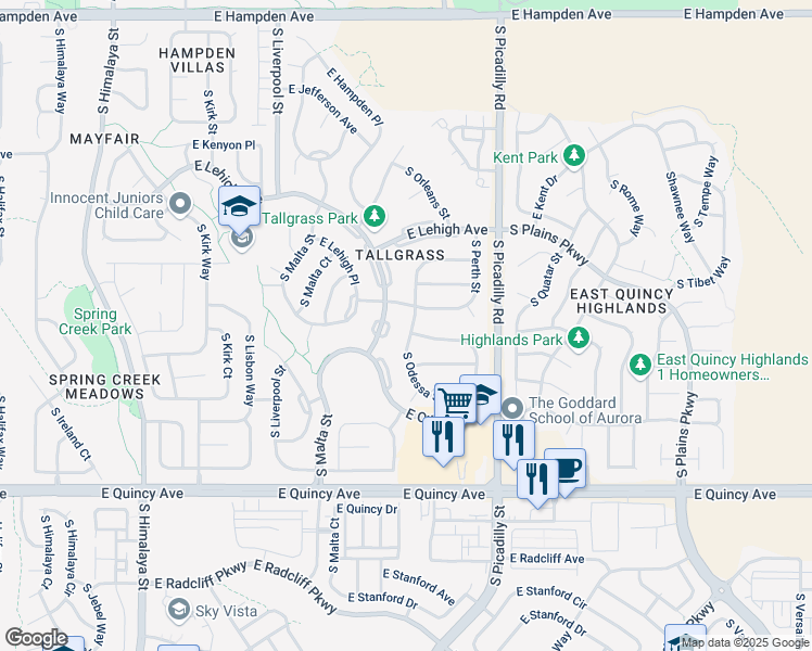 map of restaurants, bars, coffee shops, grocery stores, and more near 4024 South Netherland Street in Aurora