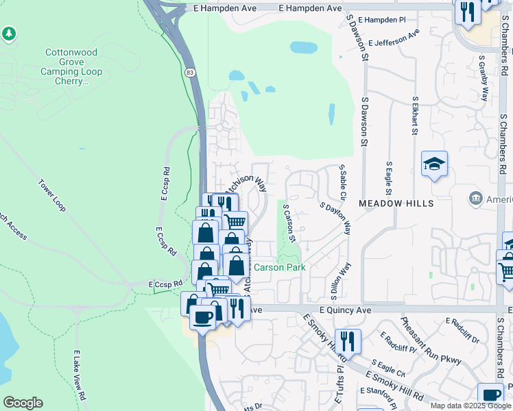 map of restaurants, bars, coffee shops, grocery stores, and more near 4057 South Abilene Circle in Aurora