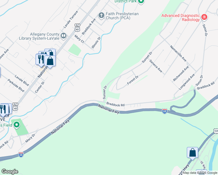 map of restaurants, bars, coffee shops, grocery stores, and more near 3 Sunset Drive in La Vale