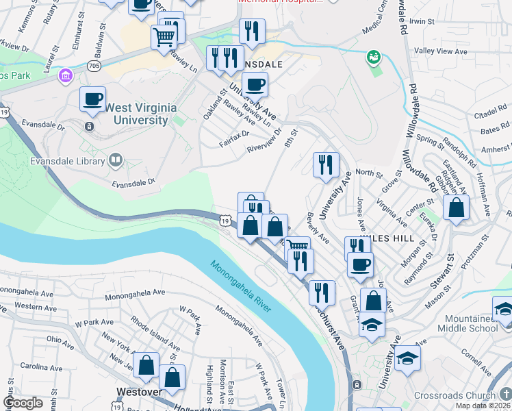 map of restaurants, bars, coffee shops, grocery stores, and more near 736 Grant Avenue in Morgantown