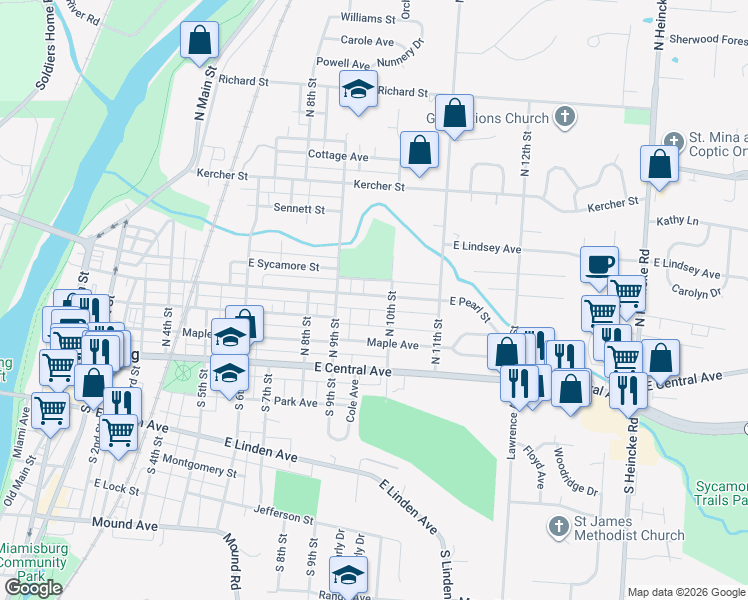 map of restaurants, bars, coffee shops, grocery stores, and more near 942 East Pearl Street in Miamisburg