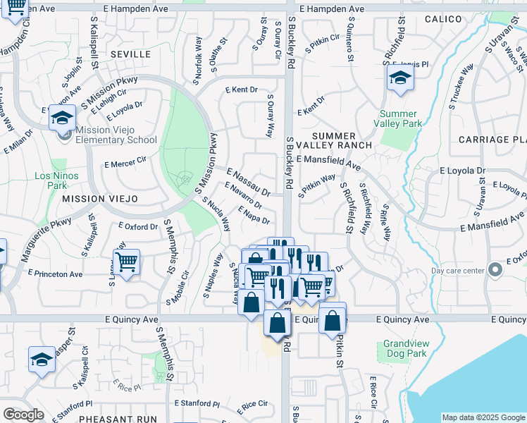map of restaurants, bars, coffee shops, grocery stores, and more near 16836 East Navarro Drive in Aurora