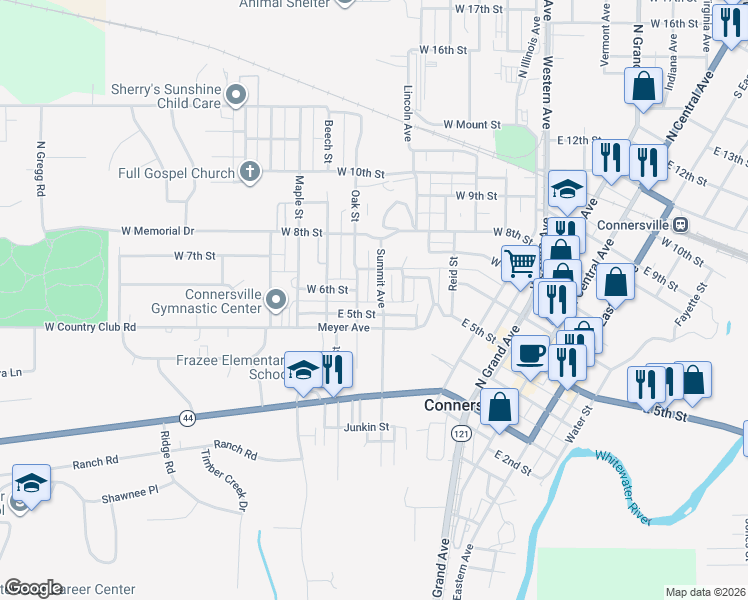 map of restaurants, bars, coffee shops, grocery stores, and more near 602 Summit Avenue in Connersville