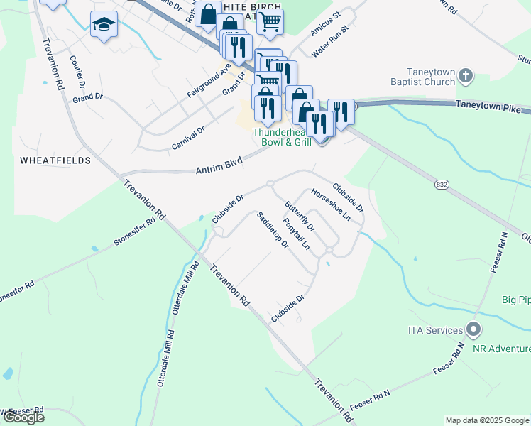 map of restaurants, bars, coffee shops, grocery stores, and more near 122 Saddletop Drive in Taneytown