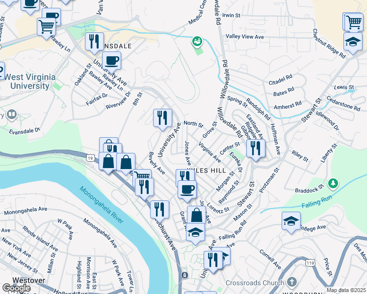 map of restaurants, bars, coffee shops, grocery stores, and more near 617 Jones Avenue in Morgantown