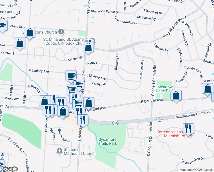 map of restaurants, bars, coffee shops, grocery stores, and more near 1666 Carolyn Court in Miamisburg