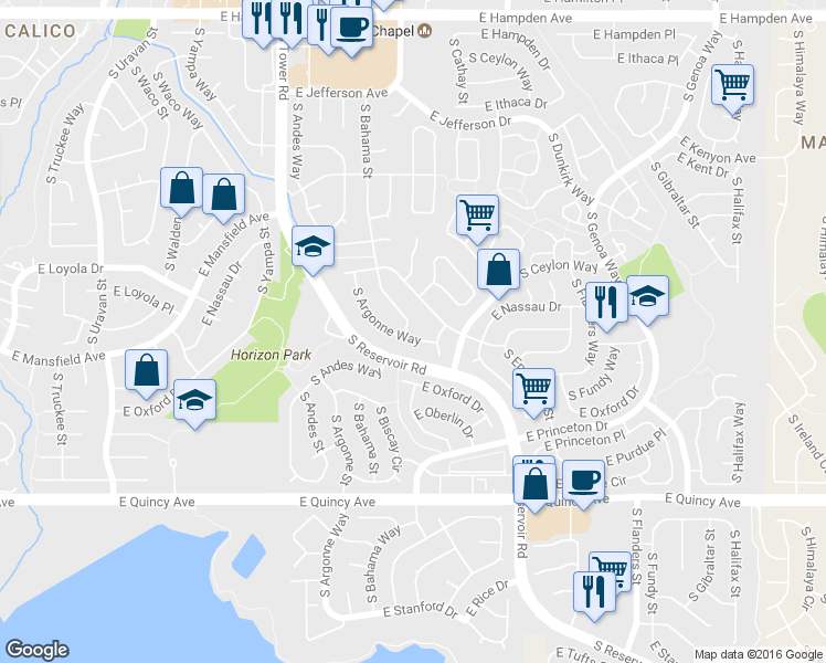 map of restaurants, bars, coffee shops, grocery stores, and more near 4002 South Argonne Way in Aurora