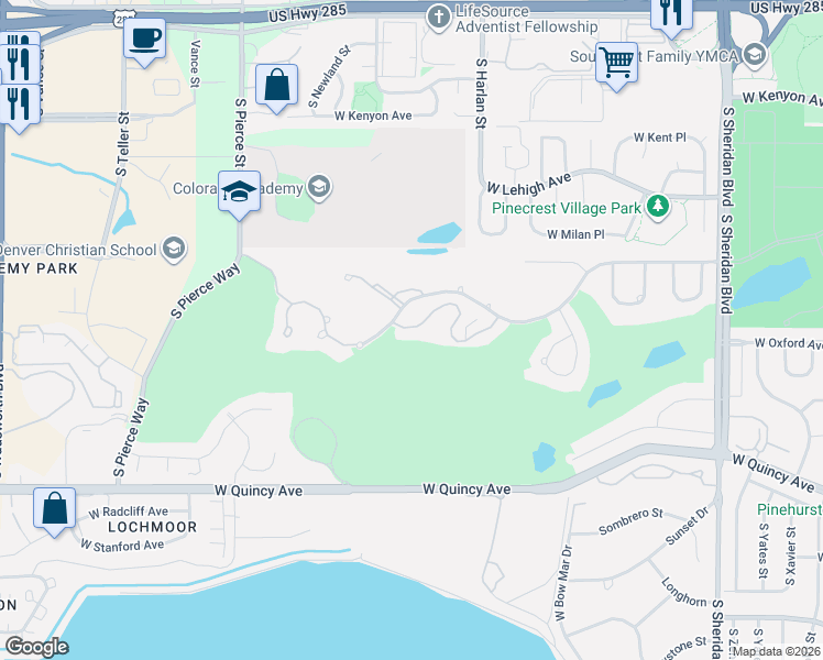 map of restaurants, bars, coffee shops, grocery stores, and more near 6350 West Mansfield Avenue in Denver