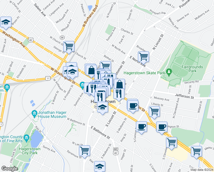 map of restaurants, bars, coffee shops, grocery stores, and more near 4 West Franklin Street in Hagerstown