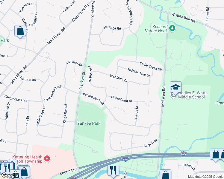map of restaurants, bars, coffee shops, grocery stores, and more near 1454 Roamont Drive in Dayton