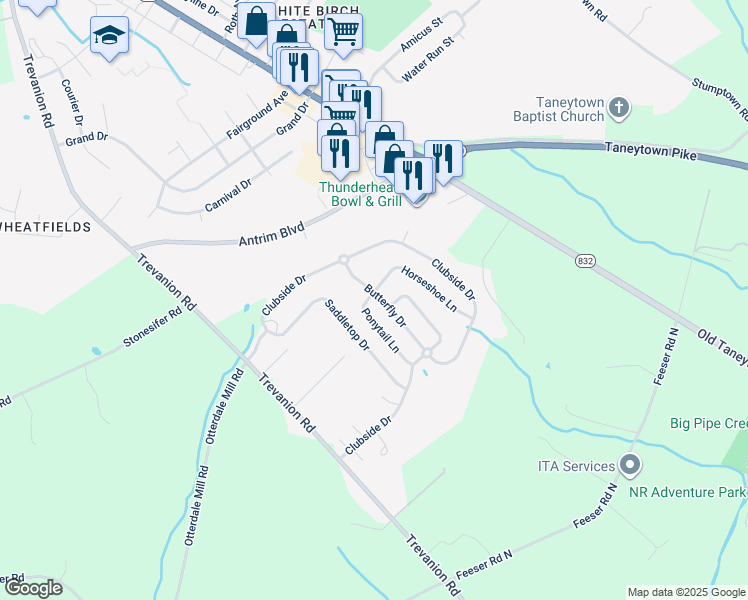 map of restaurants, bars, coffee shops, grocery stores, and more near 201 Butterfly Drive in Taneytown