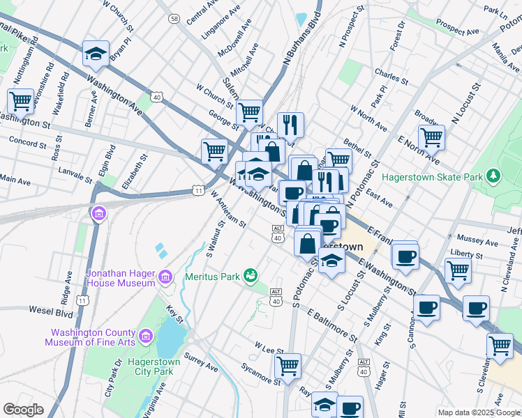map of restaurants, bars, coffee shops, grocery stores, and more near 18 South Prospect Street in Hagerstown