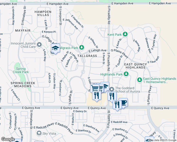 map of restaurants, bars, coffee shops, grocery stores, and more near 4024 South Netherland Street in Aurora