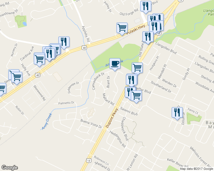map of restaurants, bars, coffee shops, grocery stores, and more near 809 Brant Drive in New Castle