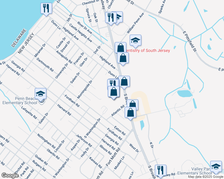 map of restaurants, bars, coffee shops, grocery stores, and more near 233 South Broadway in Pennsville Township
