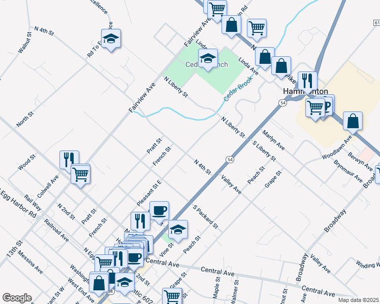 map of restaurants, bars, coffee shops, grocery stores, and more near 65 North 4th Street in Hammonton