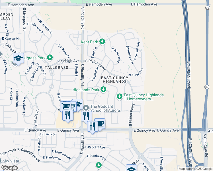 map of restaurants, bars, coffee shops, grocery stores, and more near 4007 South Rome Street in Aurora