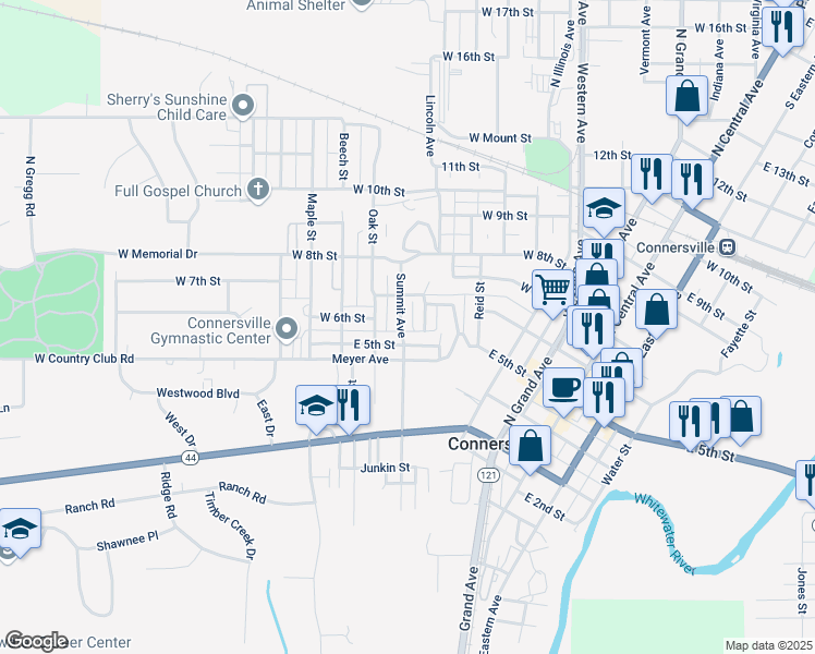 map of restaurants, bars, coffee shops, grocery stores, and more near 602 Summit Avenue in Connersville
