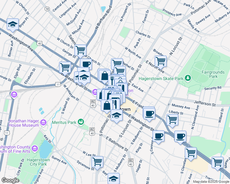 map of restaurants, bars, coffee shops, grocery stores, and more near 27 West Franklin Street in Hagerstown