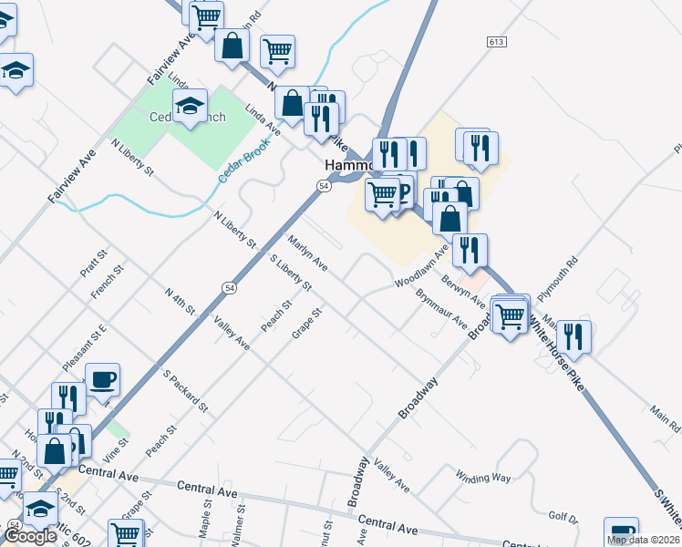 map of restaurants, bars, coffee shops, grocery stores, and more near 223 Marlyn Avenue in Hammonton