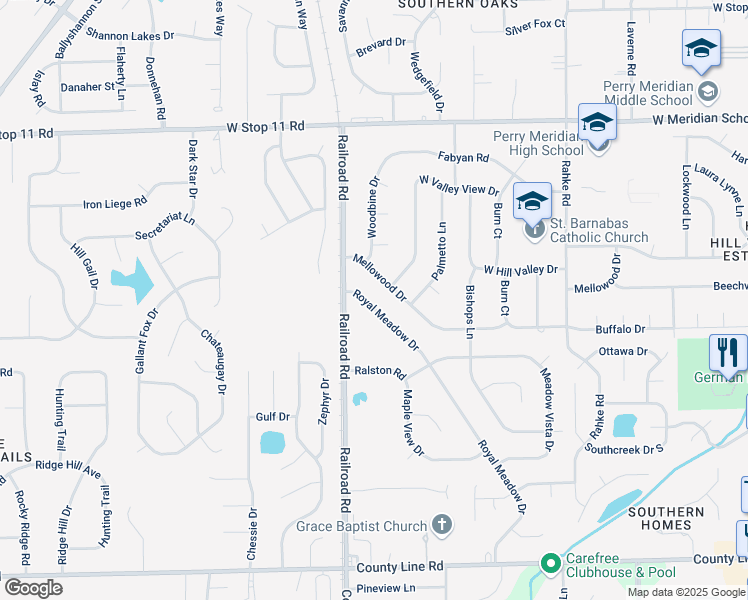 map of restaurants, bars, coffee shops, grocery stores, and more near 8441 Royal Meadow Drive in Indianapolis