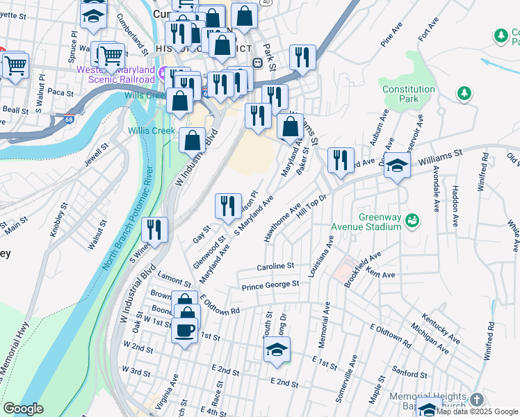 map of restaurants, bars, coffee shops, grocery stores, and more near 812 South Maryland Avenue in Cumberland
