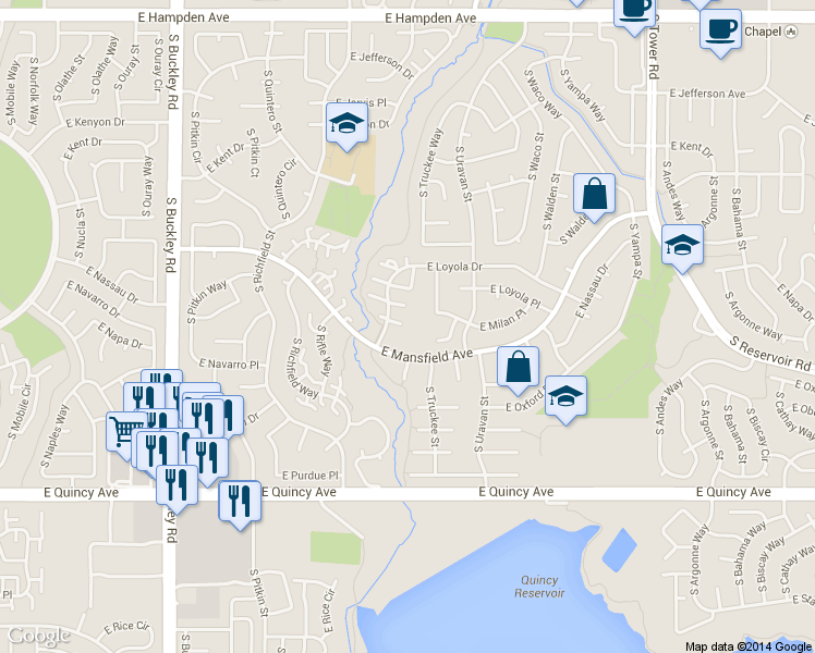 map of restaurants, bars, coffee shops, grocery stores, and more near 17602 East Loyola Drive in Aurora