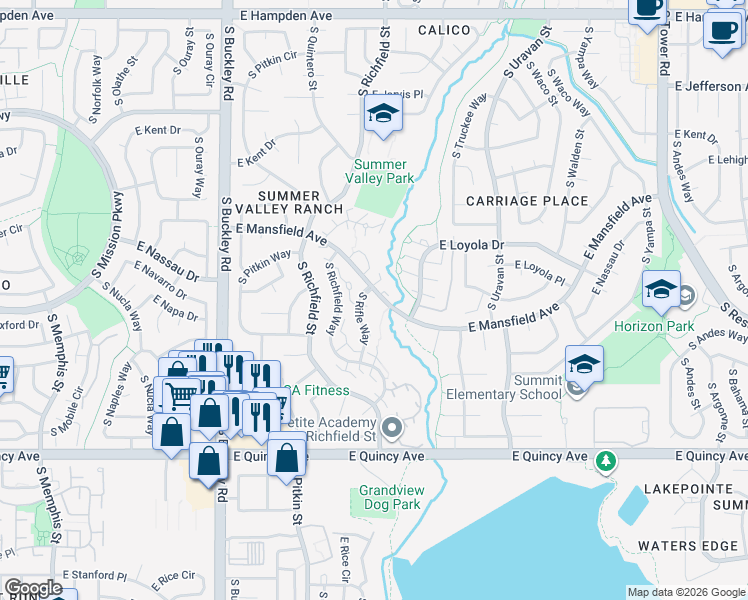 map of restaurants, bars, coffee shops, grocery stores, and more near in Aurora