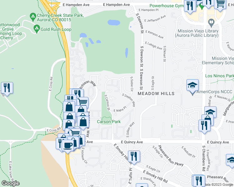 map of restaurants, bars, coffee shops, grocery stores, and more near 4045 South Dillon Way in Aurora