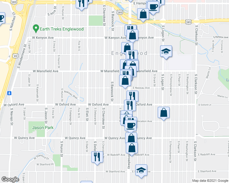 map of restaurants, bars, coffee shops, grocery stores, and more near 4050 South Bannock Street in Englewood