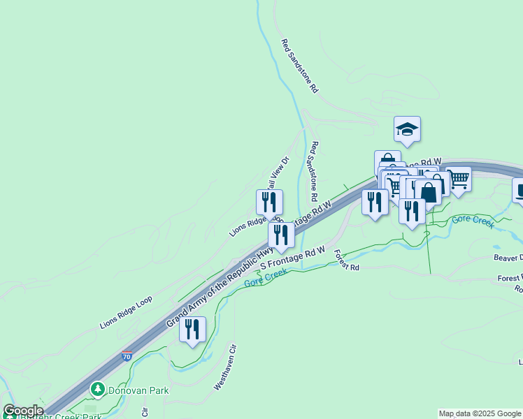 map of restaurants, bars, coffee shops, grocery stores, and more near 1030 Lions Ridge Loop in Vail