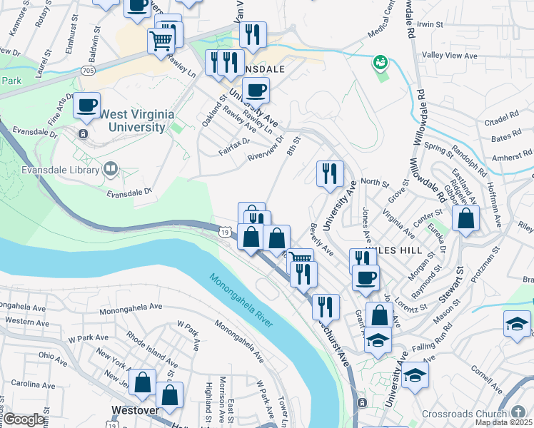 map of restaurants, bars, coffee shops, grocery stores, and more near 736 Grant Avenue in Morgantown