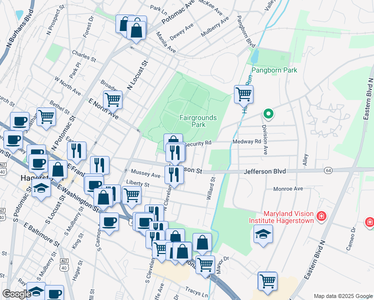 map of restaurants, bars, coffee shops, grocery stores, and more near 342 Vista Street in Hagerstown