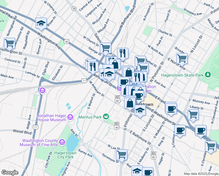 map of restaurants, bars, coffee shops, grocery stores, and more near 18 South Prospect Street in Hagerstown